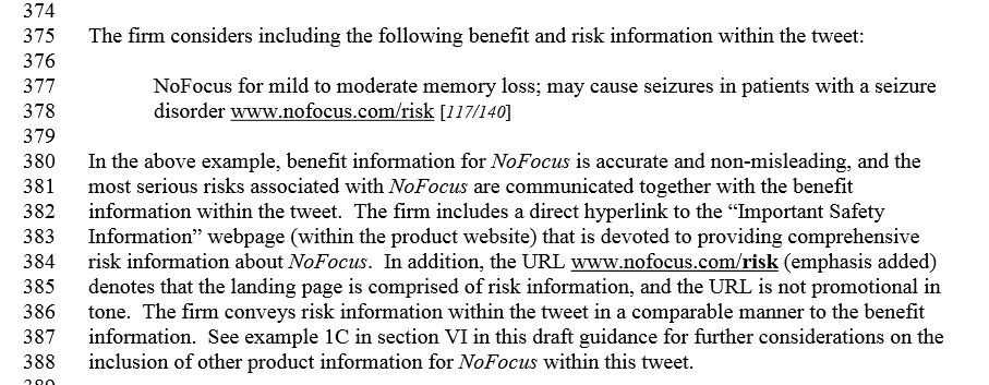 Nofocus tweet example Draft Guidance for Industry- Internet-Social Media Platforms with Character Space Limitations